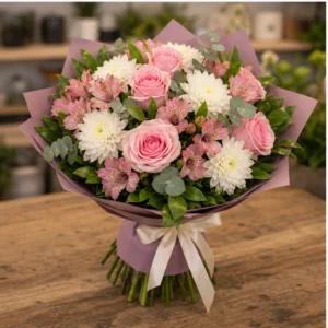Buchet de flori de primavara romantic cu trandafiri roz si crizanteme - poza 3
