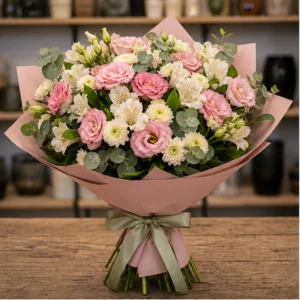 Buchet de flori de primavara roz delicat cu lisianthus - poza 1