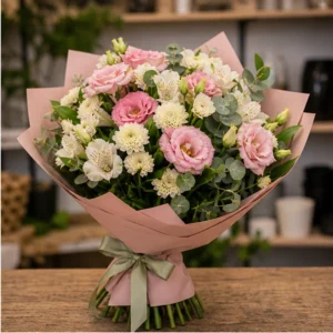 Buchet de flori de primavara roz delicat cu lisianthus - poza 2