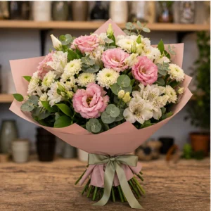 Buchet de flori de primavara roz delicat cu lisianthus - poza 3