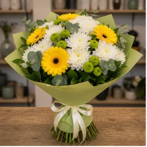 Buchet de flori de primavara vesel cu crizanteme si gerbera - poza 1