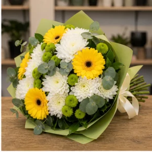 Buchet de flori de primavara vesel cu crizanteme si gerbera - poza 2