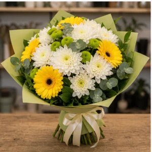 Buchet de flori de primavara vesel cu crizanteme si gerbera - poza 3