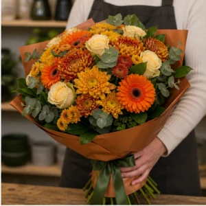 Buchet de flori de toamna aramiu cu gerbera si trandafiri - poza 2