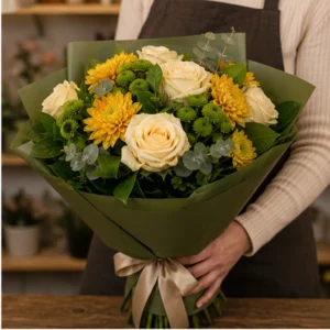 Buchet de flori de toamna cald cu trandafiri crem si santini - poza 2