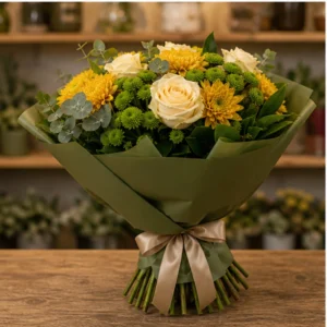 Buchet de flori de toamna cald cu trandafiri crem si santini - poza 3