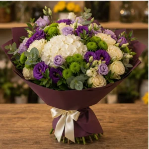 Buchet de flori de toamna de lux cu hortensie si lisianthus mov - poza 3