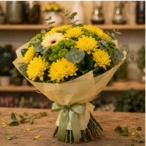 Buchet de flori de toamna galben cu crizanteme si santini - poza 3