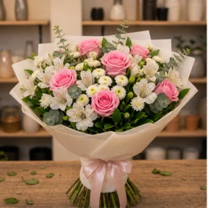 Buchet de flori online alb roz cu trandafiri si alstroemeria - poza 1