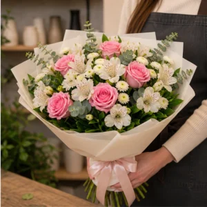 Buchet de flori online alb roz cu trandafiri si alstroemeria - poza 2