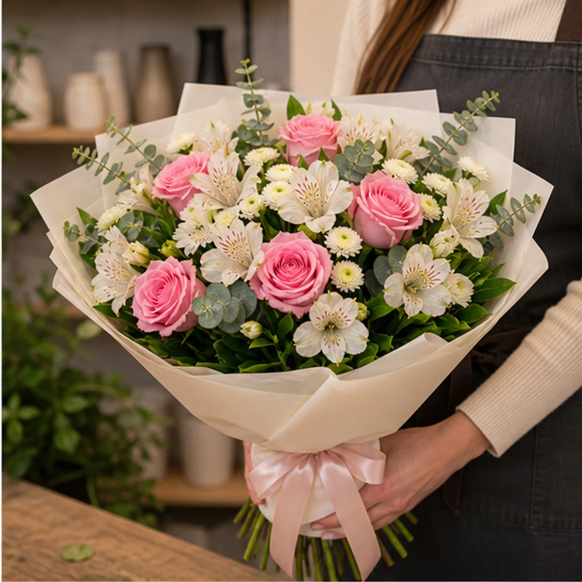 Buchet de flori online alb roz cu trandafiri si alstroemeria - poza 2