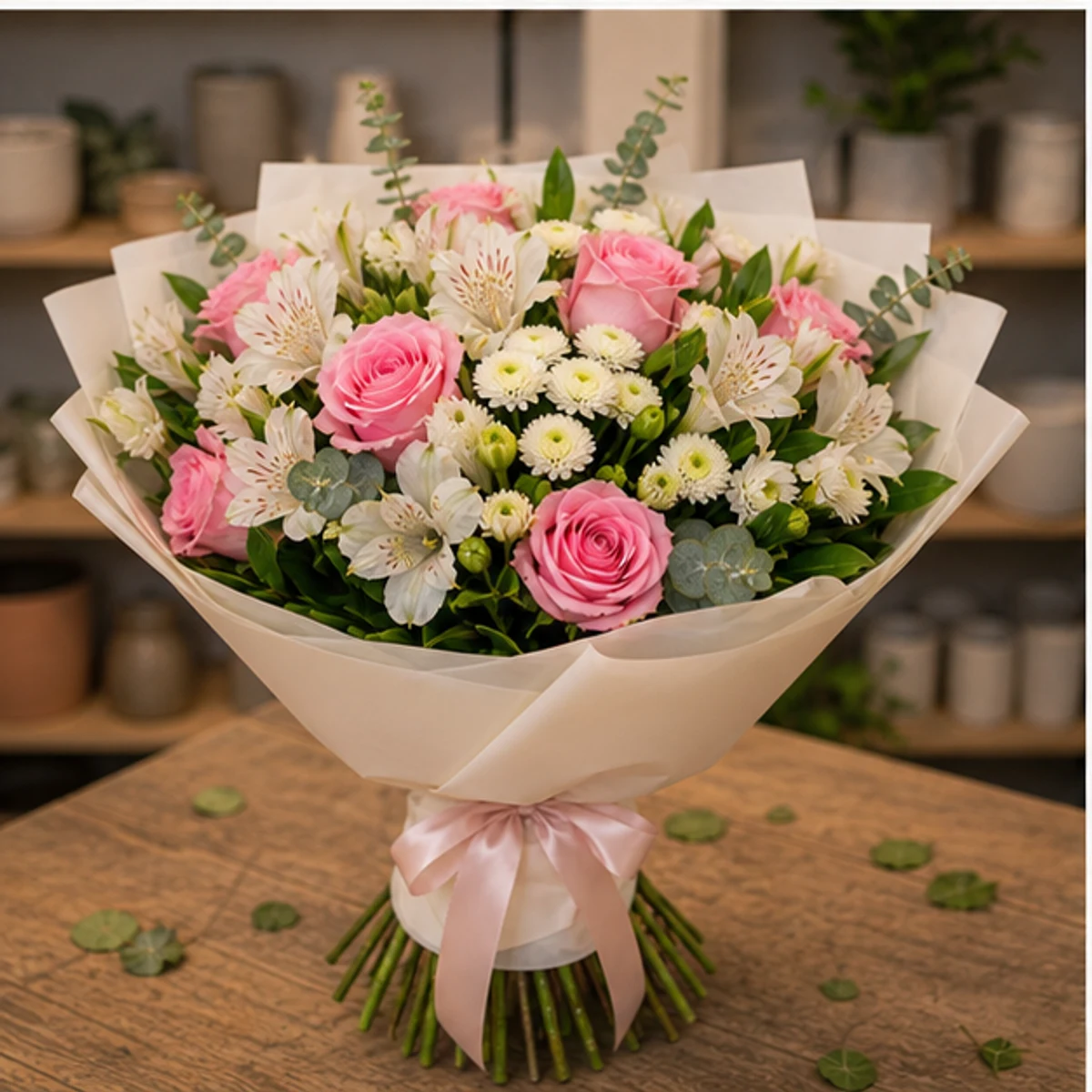 Buchet de flori online alb roz cu trandafiri si alstroemeria - poza 3