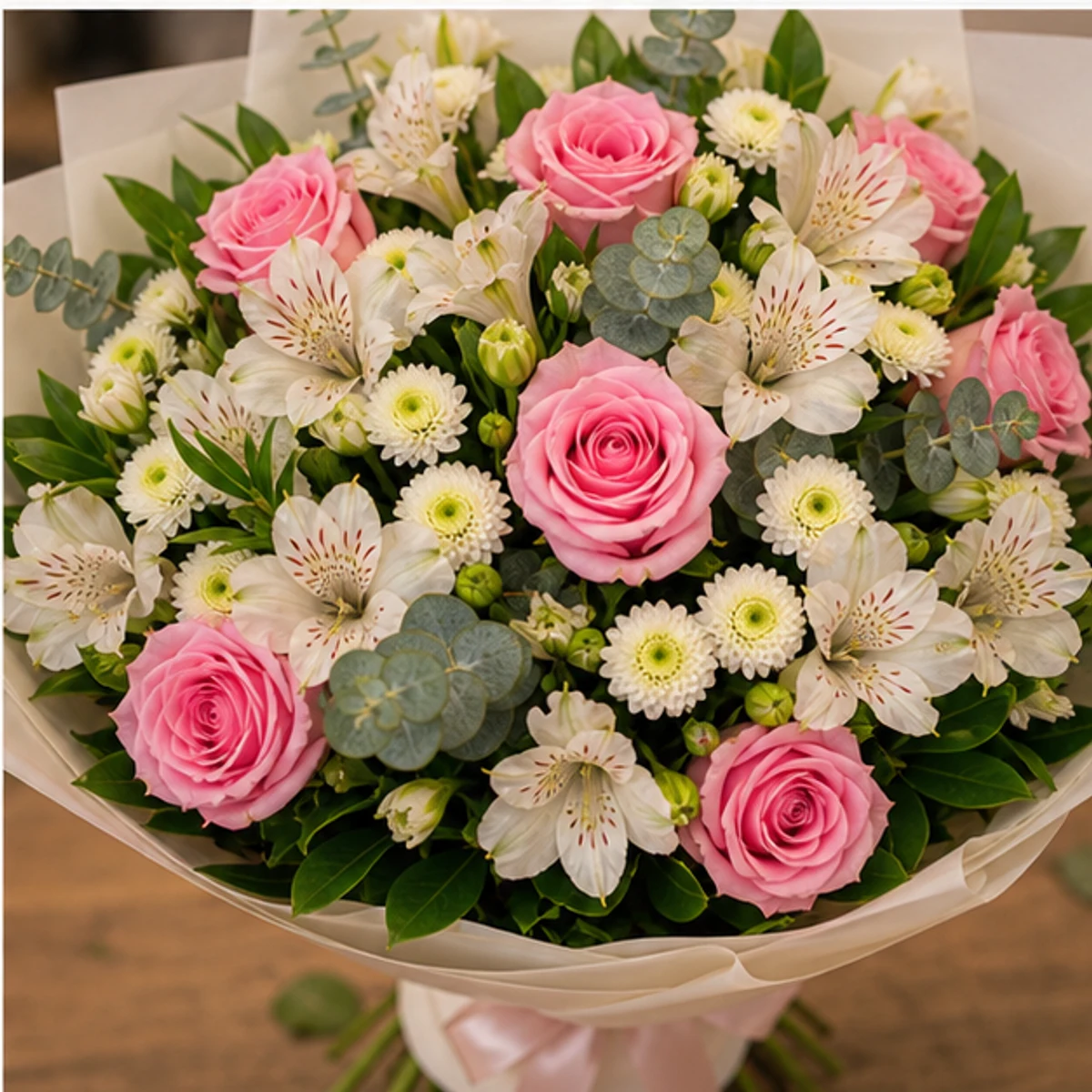 Buchet de flori online alb roz cu trandafiri si alstroemeria - poza 4
