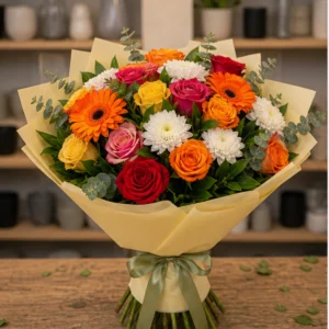 Buchet de flori online colorat cu gerbera si trandafiri - poza 1