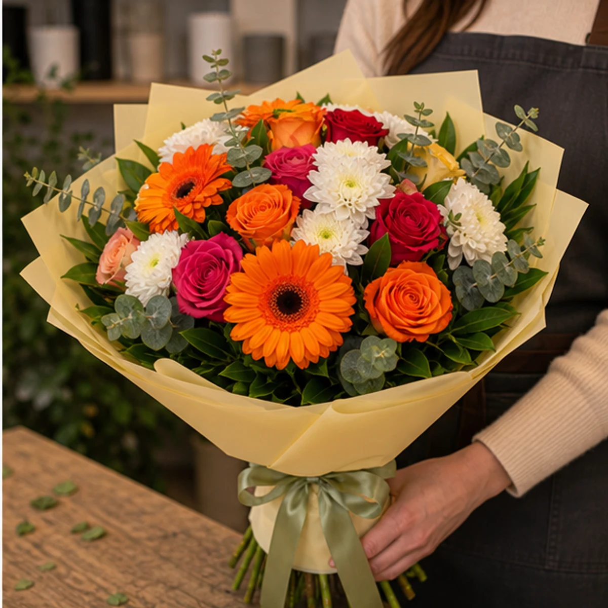 Buchet de flori online colorat cu gerbera si trandafiri - poza 2
