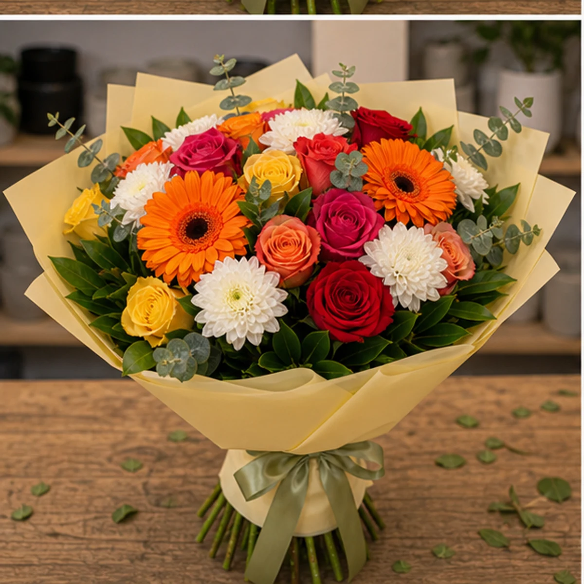 Buchet de flori online colorat cu gerbera si trandafiri - poza 3