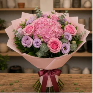 Buchet de flori online de lux roz cu hortensie - poza 1