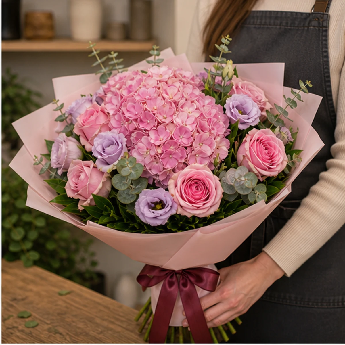 Buchet de flori online de lux roz cu hortensie - poza 2
