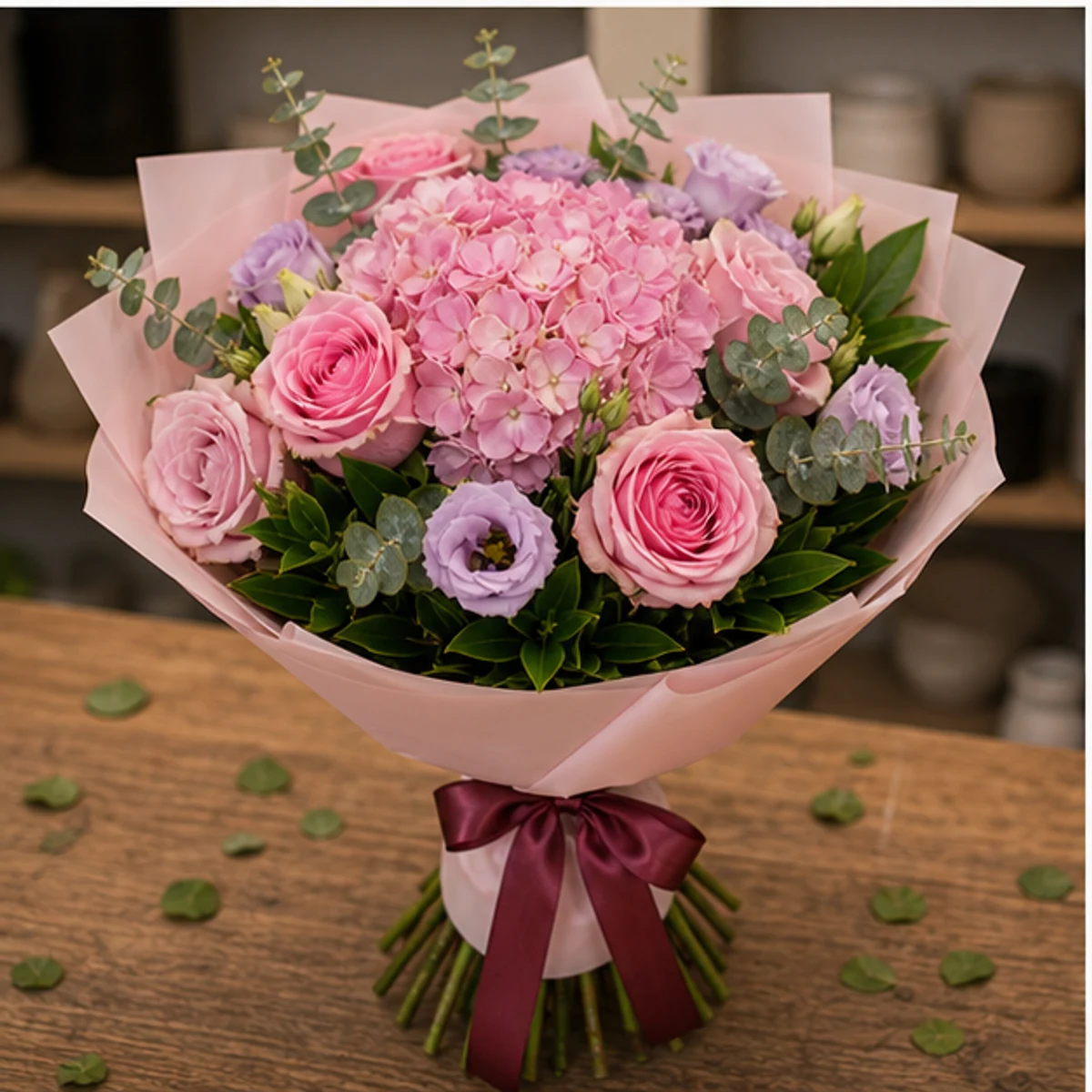 Buchet de flori online de lux roz cu hortensie - poza 3
