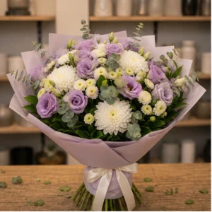 Buchet de flori online lila cu lisianthus si santini - poza 1