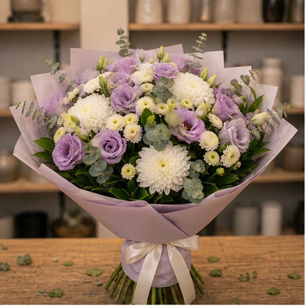 Buchet de flori online lila cu lisianthus si santini - poza 1