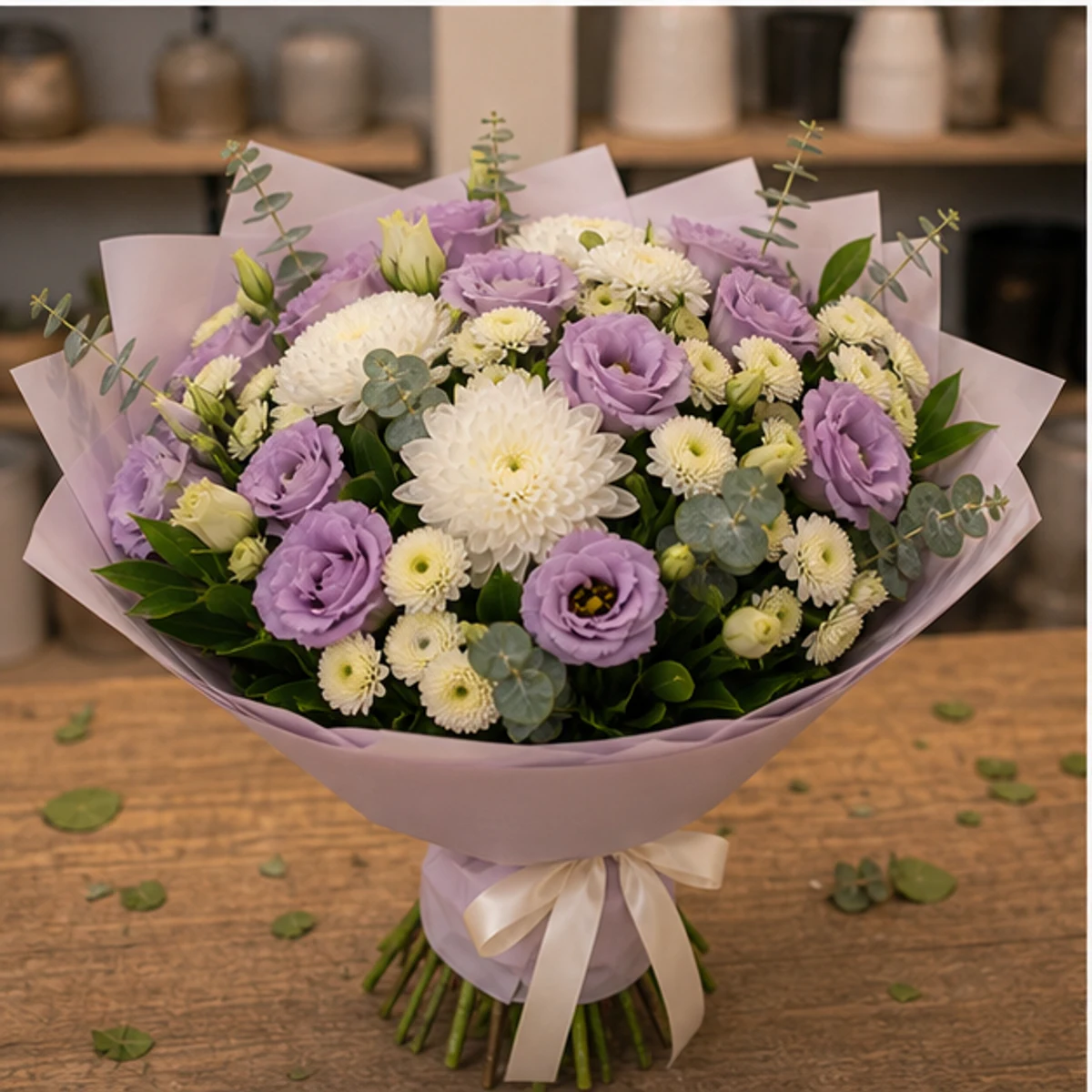 Buchet de flori online lila cu lisianthus si santini - poza 3