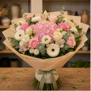 Buchet de flori online lux multicolor cu hortensie si trandafiri - poza 1