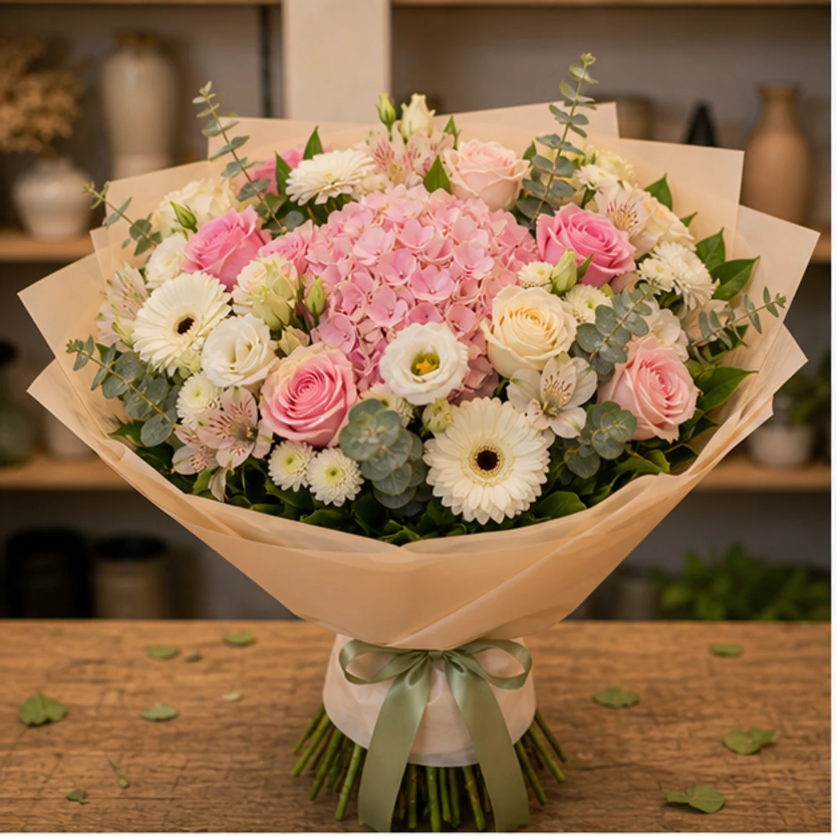 Buchet de flori online lux multicolor cu hortensie si trandafiri - poza 1