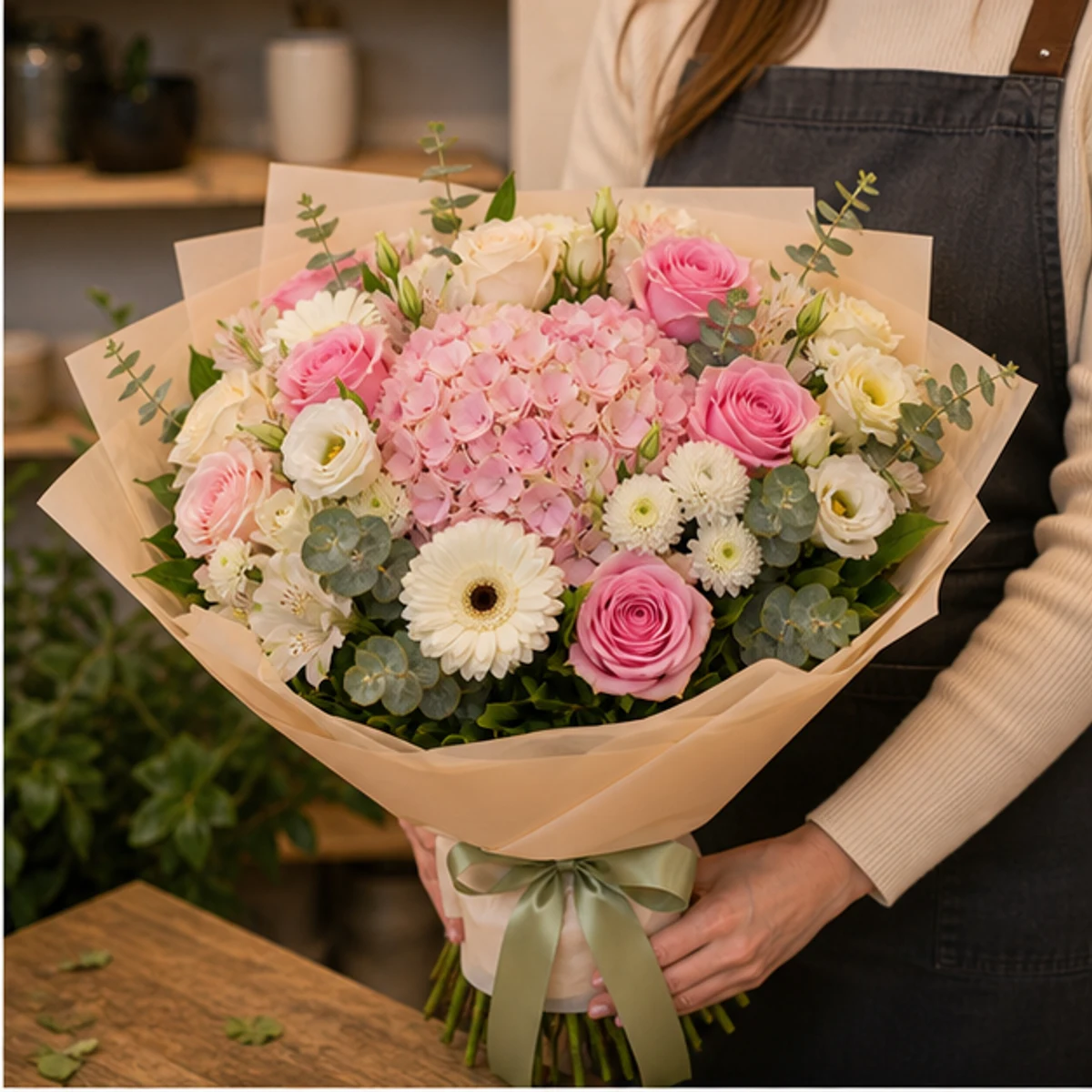 Buchet de flori online lux multicolor cu hortensie si trandafiri - poza 2