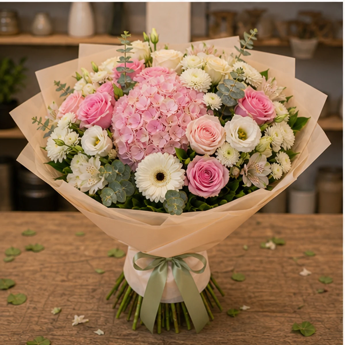 Buchet de flori online lux multicolor cu hortensie si trandafiri - poza 3