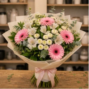 Buchet de flori online pastel cu gerbera si alstroemeria - poza 1