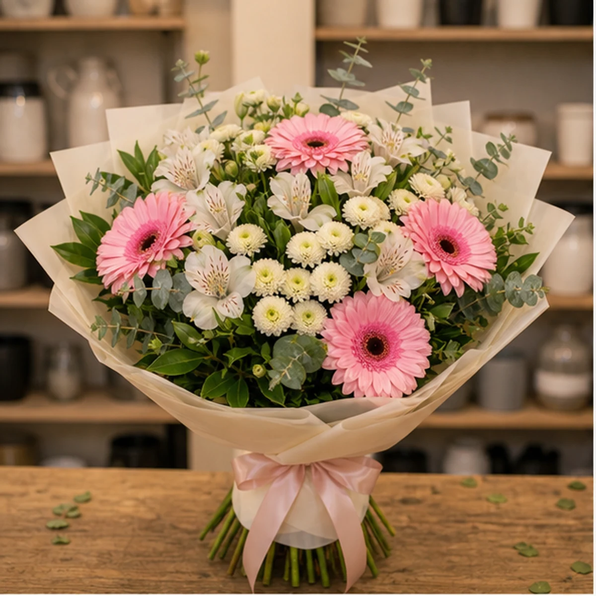 Buchet de flori online pastel cu gerbera si alstroemeria - poza 1