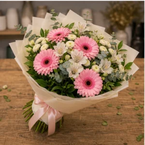 Buchet de flori online pastel cu gerbera si alstroemeria - poza 3
