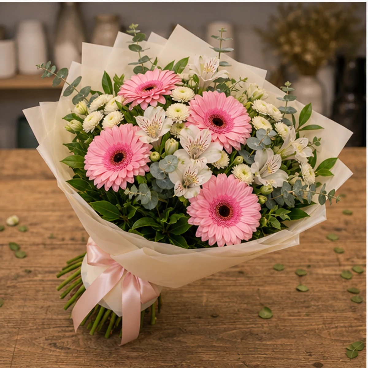 Buchet de flori online pastel cu gerbera si alstroemeria - poza 3