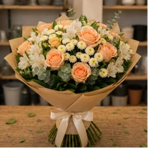 Buchet de flori online piersica cu trandafiri si santini - poza 1
