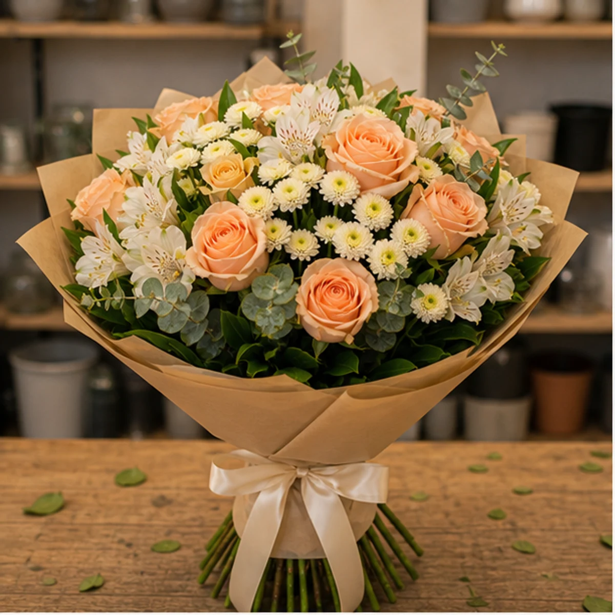 Buchet de flori online piersica cu trandafiri si santini - poza 1