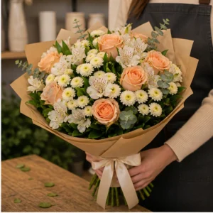 Buchet de flori online piersica cu trandafiri si santini - poza 2
