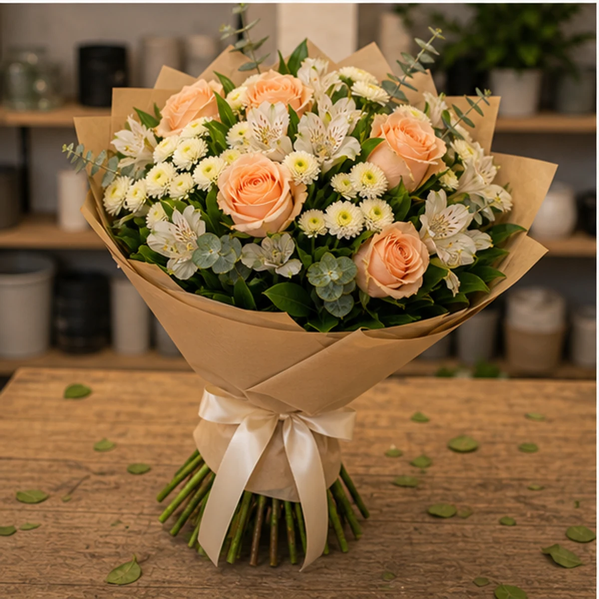Buchet de flori online piersica cu trandafiri si santini - poza 3