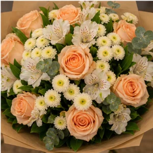 Buchet de flori online piersica cu trandafiri si santini - poza 4