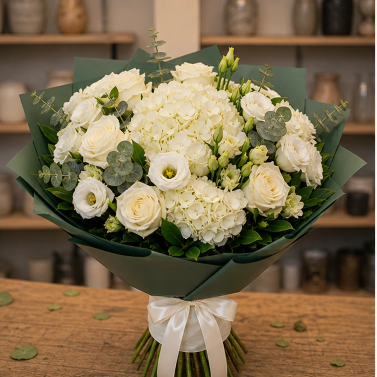 Buchet de flori online premium alb cu hortensie si lisianthus - poza 1