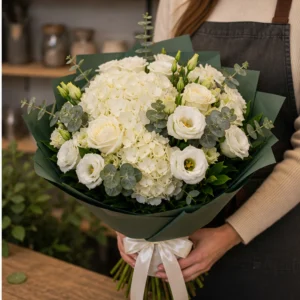 Buchet de flori online premium alb cu hortensie si lisianthus - poza 2