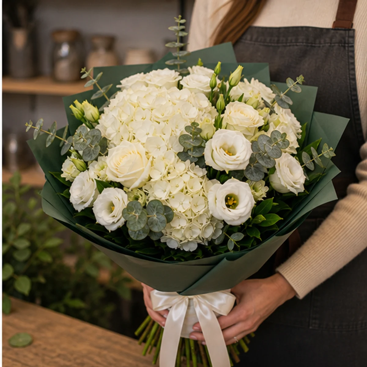 Buchet de flori online premium alb cu hortensie si lisianthus - poza 2