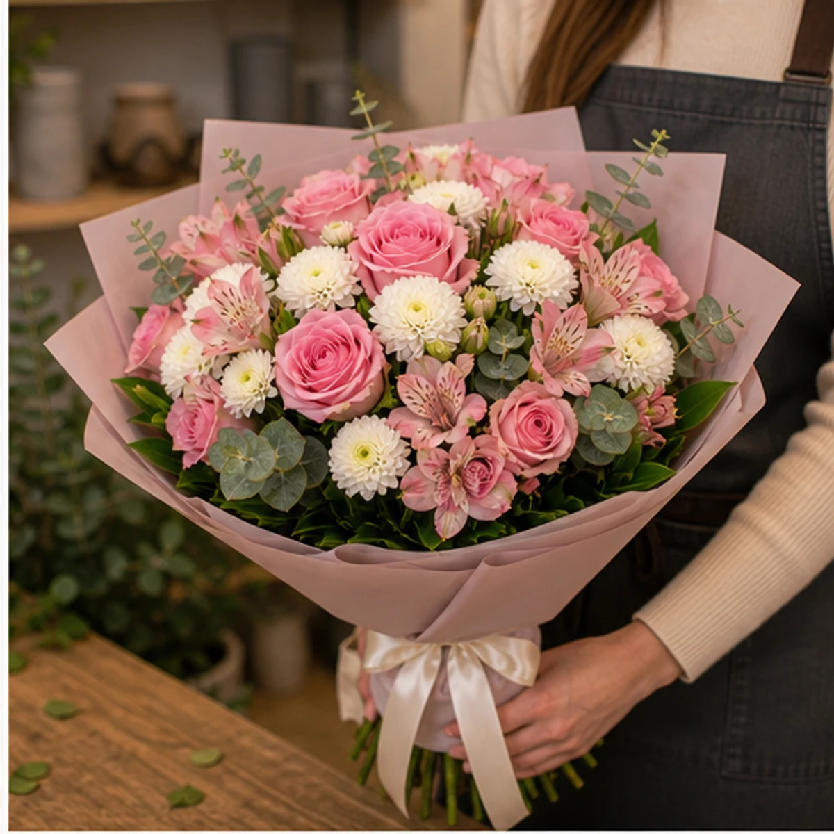 Buchet de flori online romantic cu trandafiri roz - poza 2