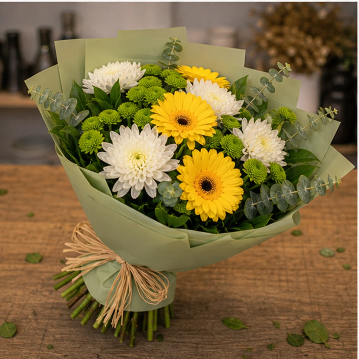 Buchet de flori online vesel cu crizanteme si salal - poza 3