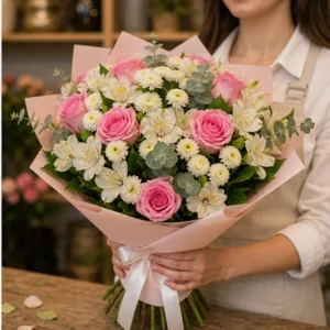 Buchet de flori pentru zi de nastere alb roz cu trandafiri - poza 2