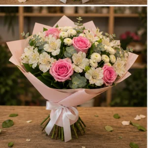 Buchet de flori pentru zi de nastere alb roz cu trandafiri - poza 3
