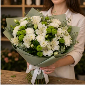 Buchet de flori pentru zi de nastere alb verde cu alstroemeria - poza 2