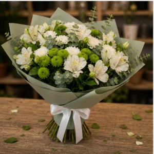 Buchet de flori pentru zi de nastere alb verde cu alstroemeria - poza 3