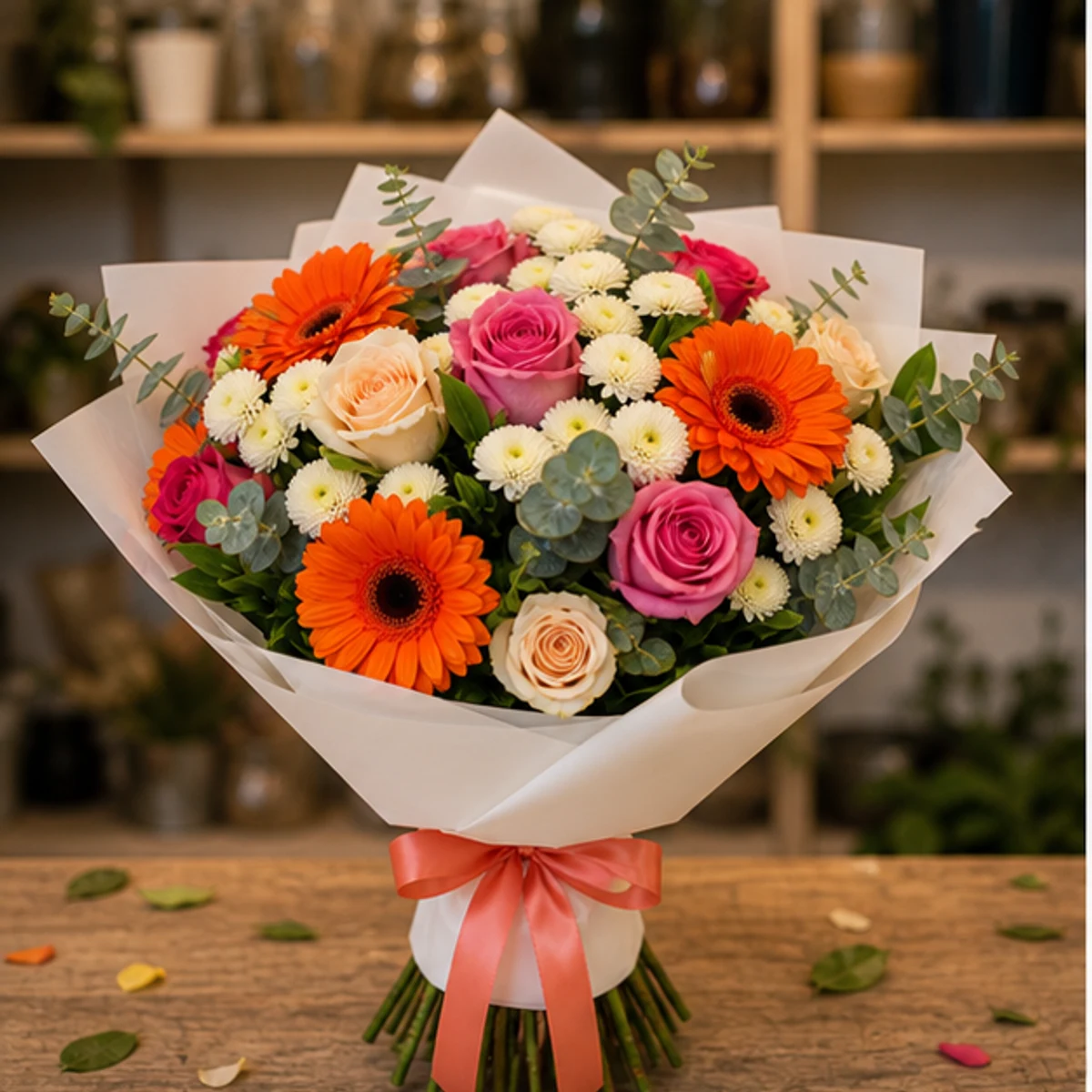 Buchet de flori pentru zi de nastere colorat cu gerbera si trandafiri - poza 1