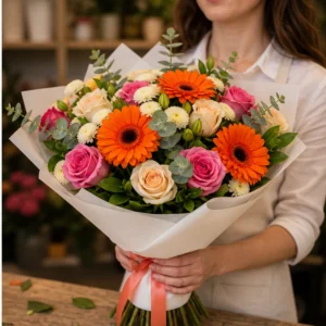Buchet de flori pentru zi de nastere colorat cu gerbera si trandafiri - poza 2